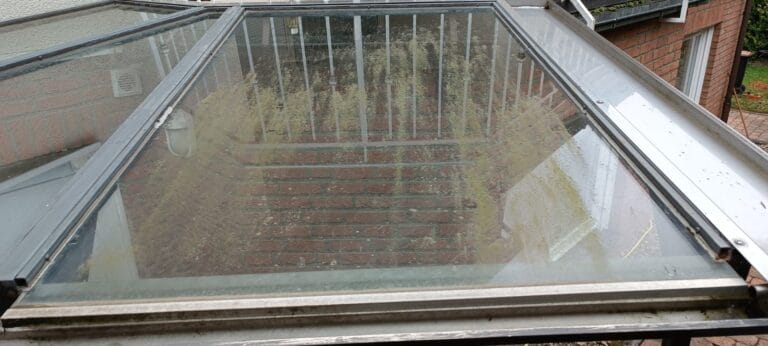 Stark verschmutztes Glasvordach vor der Reinigung - Gartenarbeit in Gehrden